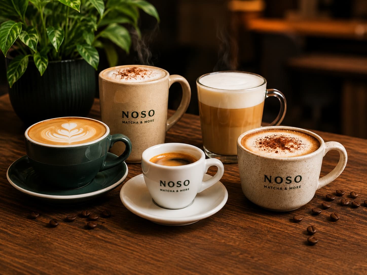 Elegant coffee drink on a cafe table, warm natural light.