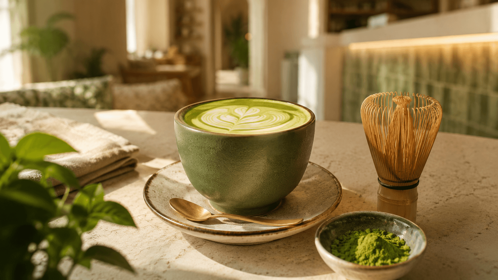 Premium matcha latte in a modern cafe, soft cream background, matcha green tones.
