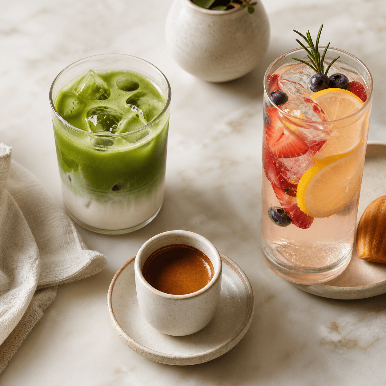 Iced matcha, espresso, and berry citrus drink on a pale cafe table