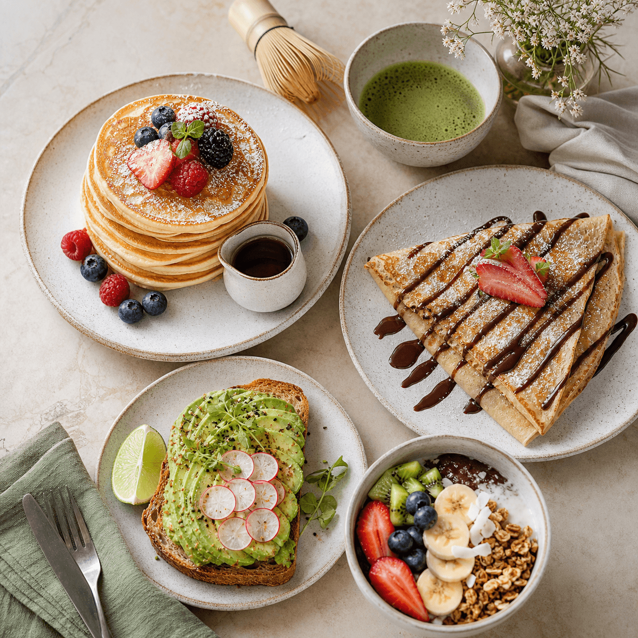 Pancakes, crepes, avocado toast, and healthy bowl on a cafe table