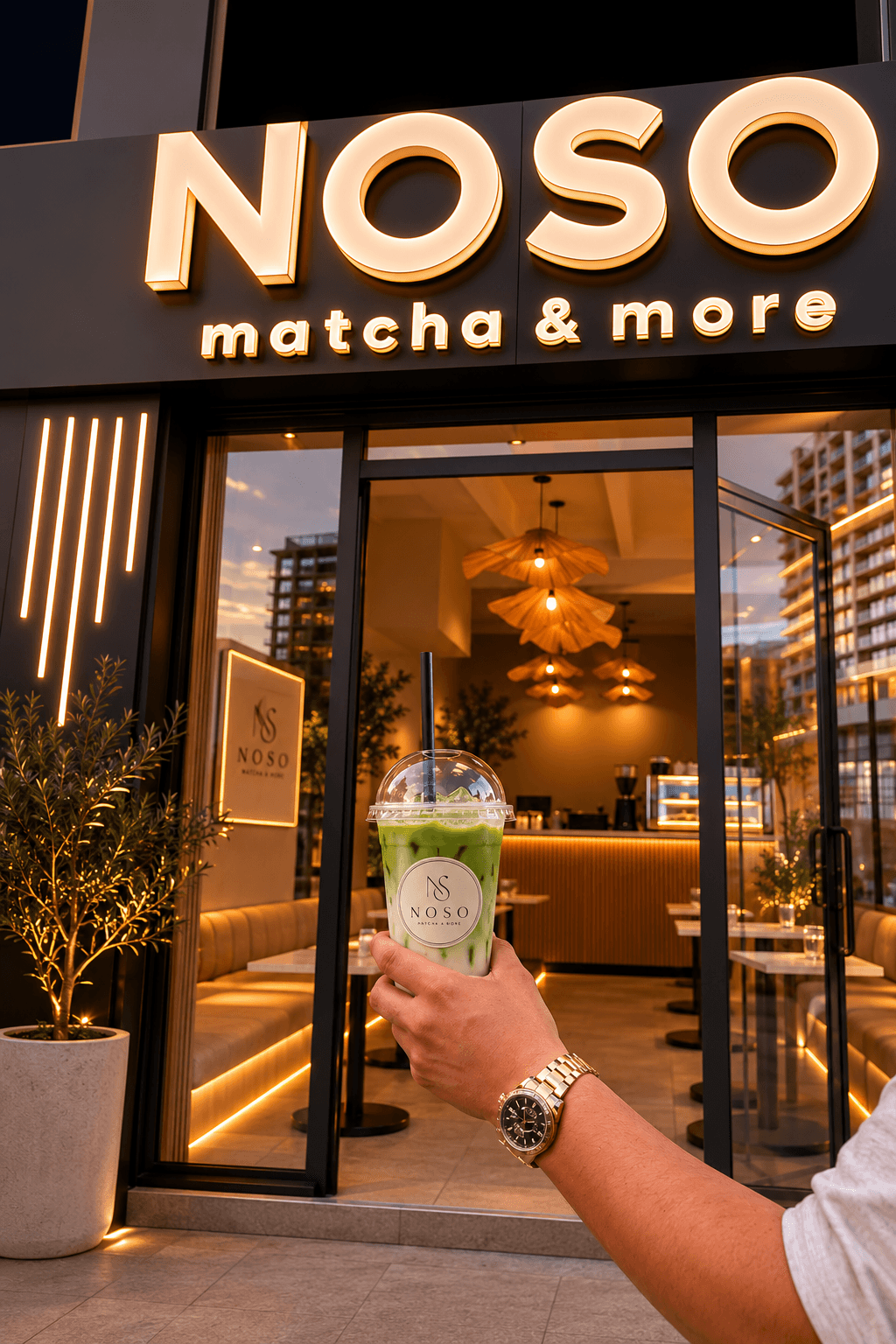 NOSO matcha drink outside the cafe