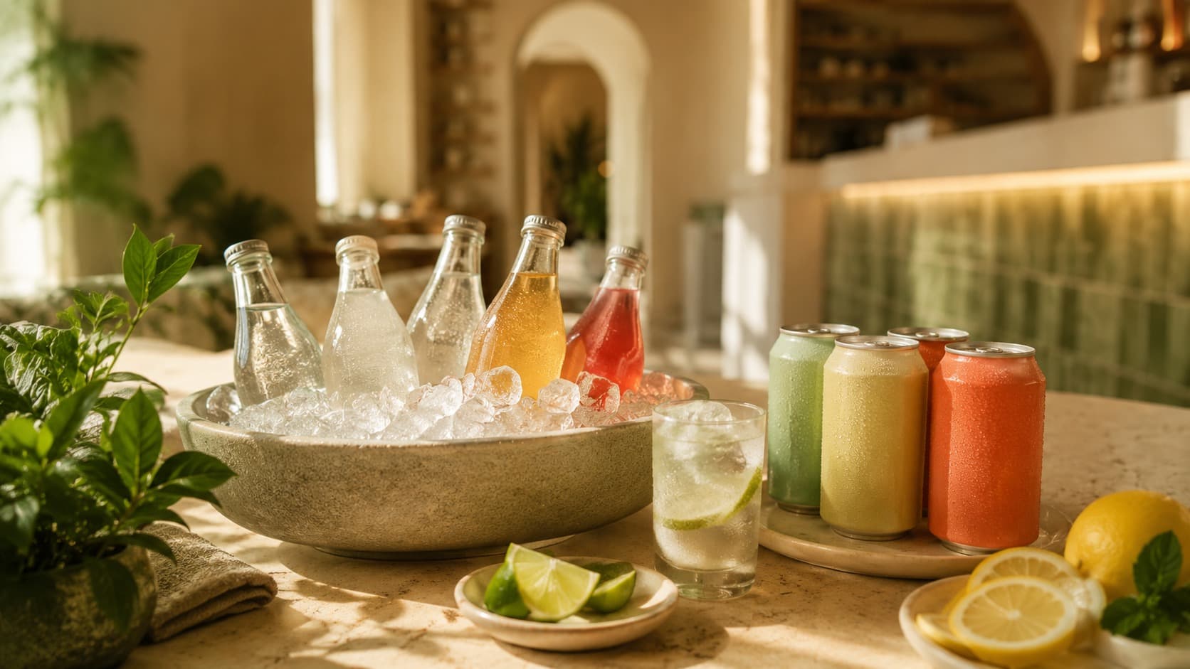 Fresh colorful drinks in a clean modern cafe style.