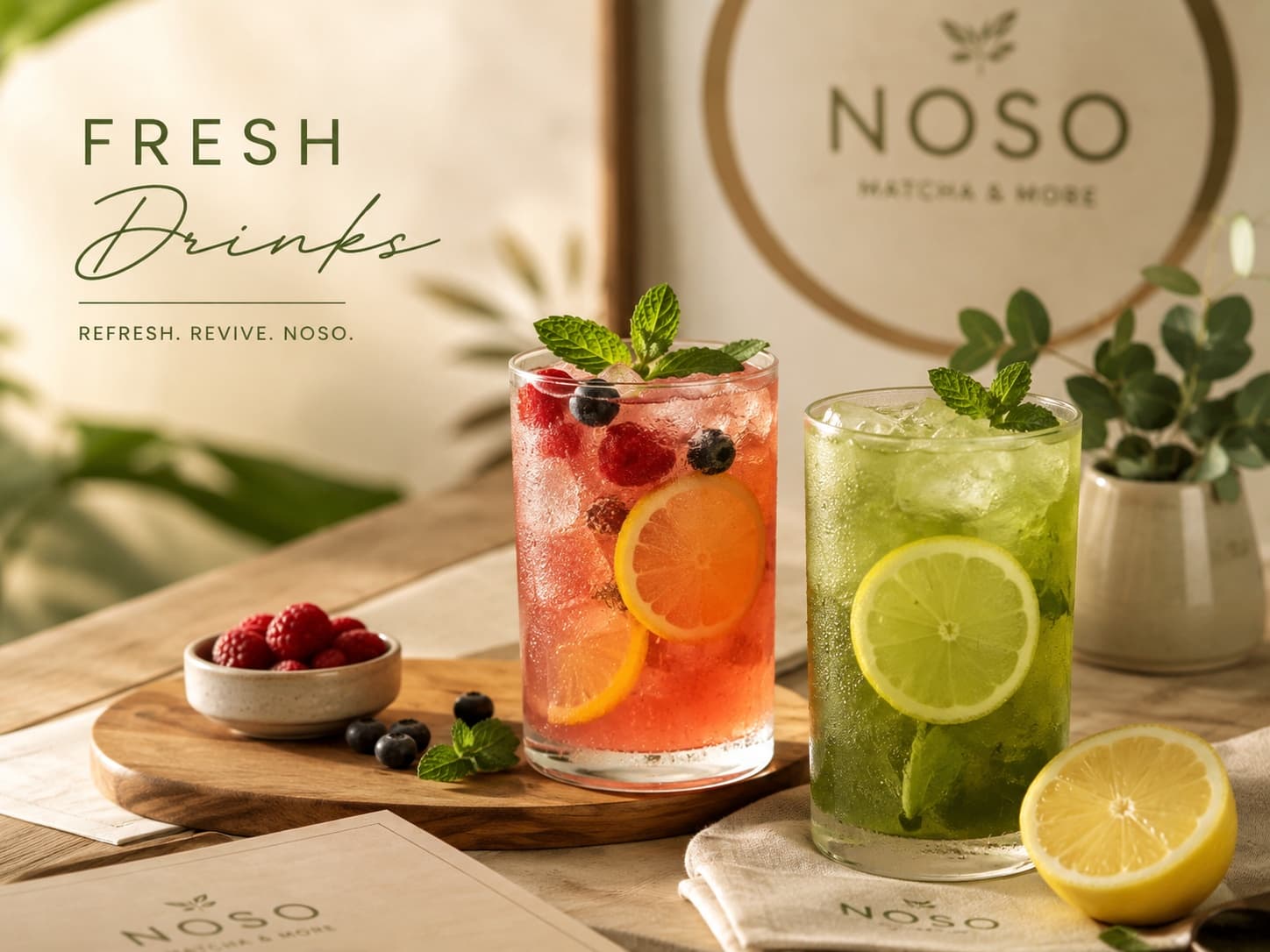 Fresh colorful juices and iced drinks, clean modern cafe style.