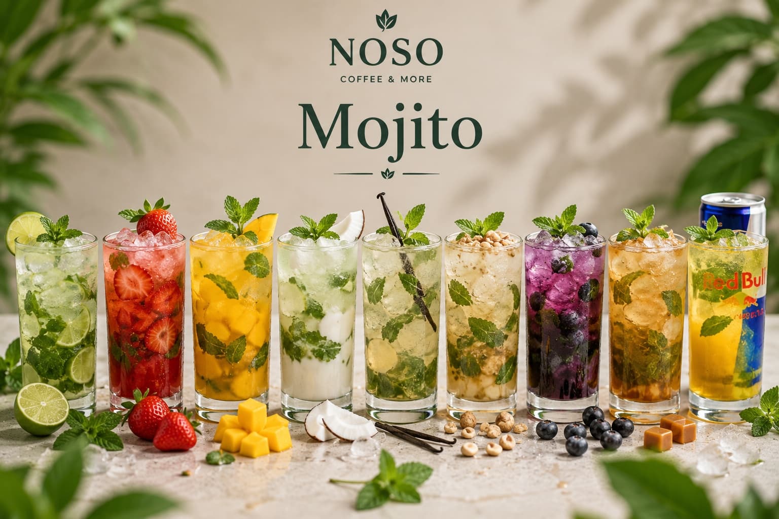 Fresh mojito drinks in a clean modern cafe style.