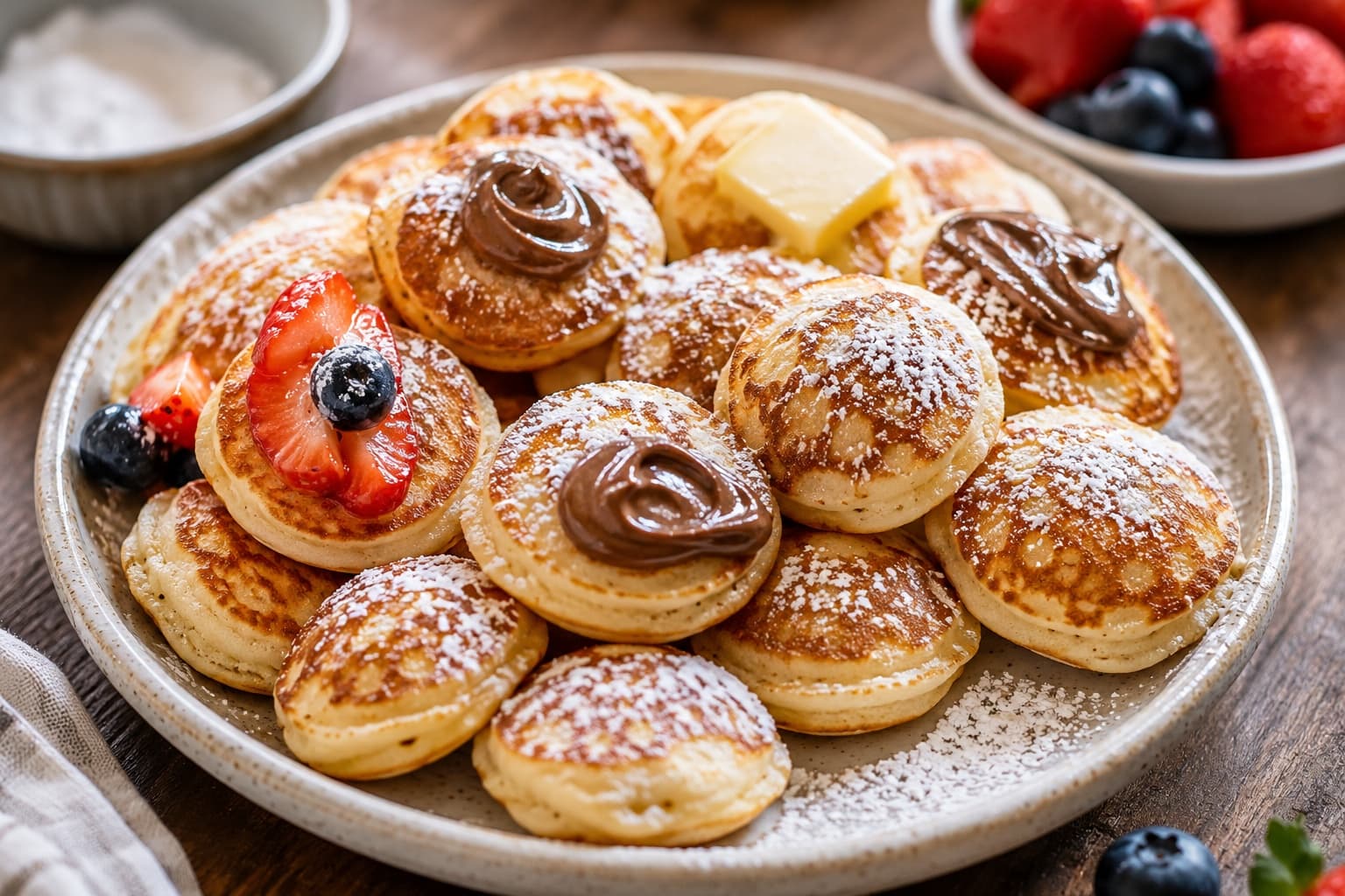 Poffertjes with classic toppings in a warm cafe style.